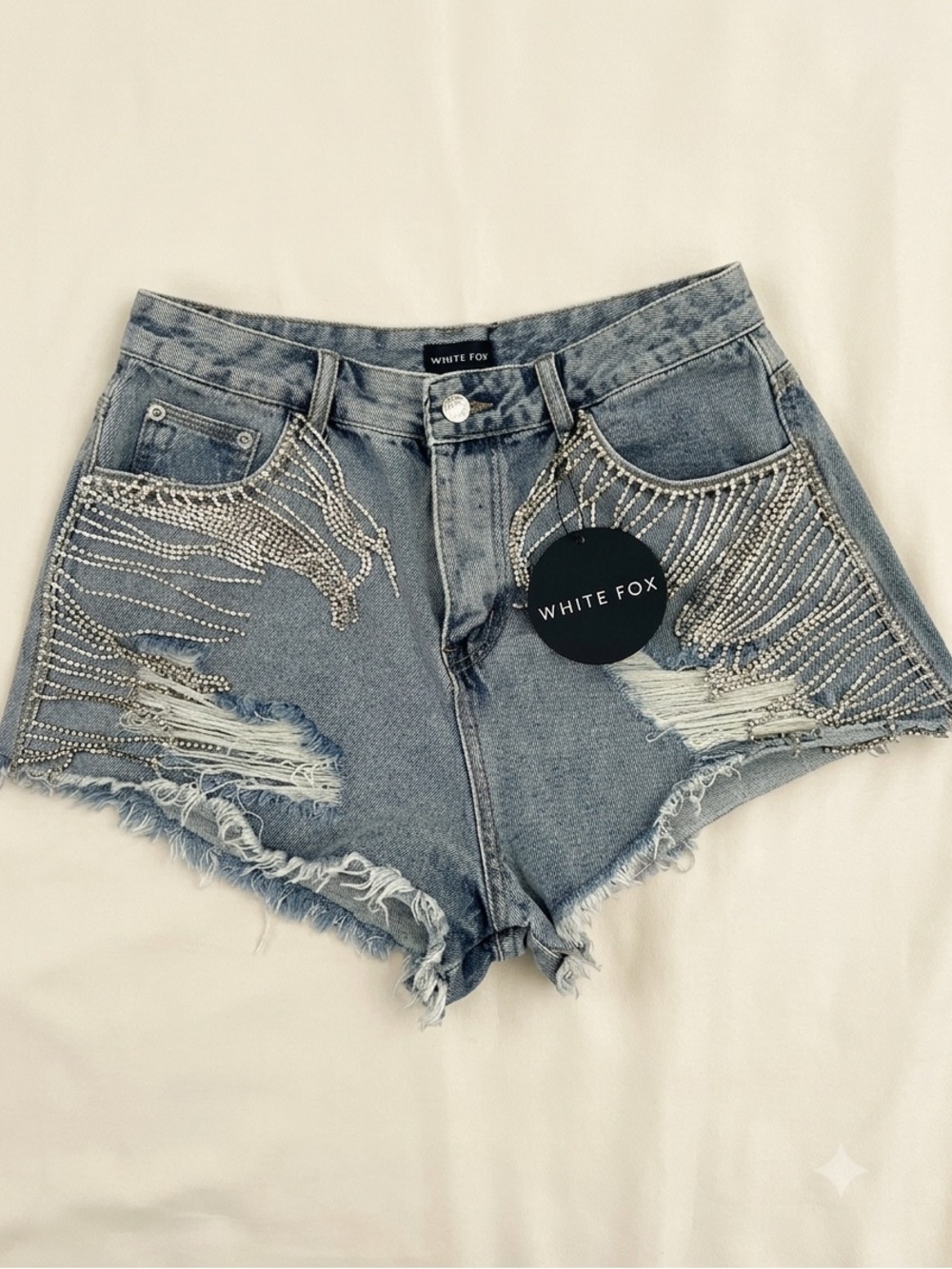 NWT White Fox Boutique Rhinestone Fringe Distressed Denim Shorts S Festival